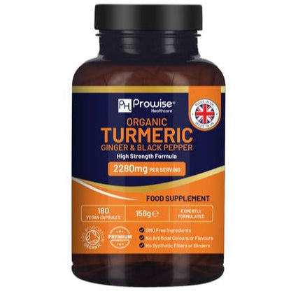 Organic Turmeric 2280mg (High Strength) with Black Pepper & Ginger - 180 Vegan Turmeric Capsules