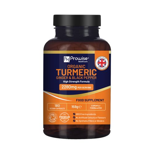 Organic Turmeric 2280mg (High Strength) with Black Pepper & Ginger - 180 Vegan Turmeric Capsules