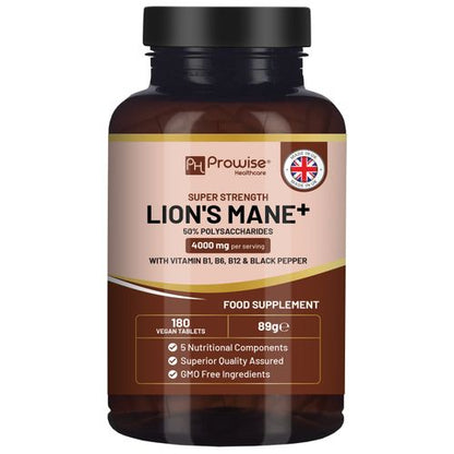 Lions Mane Mushroom Supplement 4000mg with Vitamin B1, B6, B12 & Black Pepper