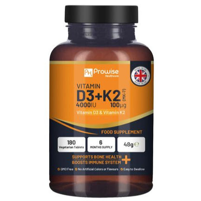 Vitamin D3 4000IU & K2 MK7 100μg Vegetarian 180 Tablets Supplement for Immune Support Calcium Boost, Bone & Muscle by Prowise