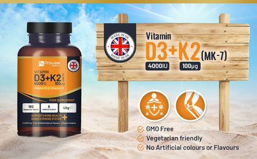 Vitamin D3 4000IU & K2 MK7 100μg Vegetarian 180 Tablets Supplement for Immune Support Calcium Boost, Bone & Muscle by Prowise