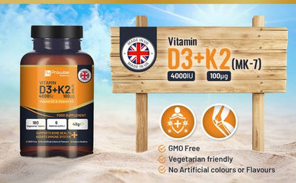 Vitamin D3 4000IU & K2 MK7 100μg Vegetarian 180 Tablets Supplement for Immune Support Calcium Boost, Bone & Muscle by Prowise