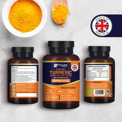 Organic Turmeric 2280mg (High Strength) with Black Pepper & Ginger - 180 Vegan Turmeric Capsules