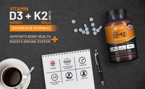 Vitamin D3 4000IU & K2 MK7 100μg Vegetarian 180 Tablets Supplement for Immune Support Calcium Boost, Bone & Muscle by Prowise