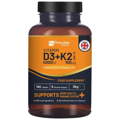 Vitamin D3 4000IU & K2 MK7 100μg Vegetarian 180 Tablets Supplement for Immune Support Calcium Boost, Bone & Muscle by Prowise