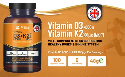 Vitamin D3 4000IU & K2 MK7 100μg Vegetarian 180 Tablets Supplement for Immune Support Calcium Boost, Bone & Muscle by Prowise