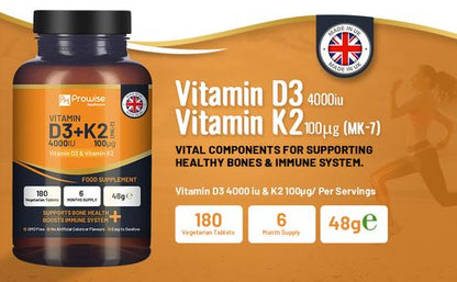 Vitamin D3 4000IU & K2 MK7 100μg Vegetarian 180 Tablets Supplement for Immune Support Calcium Boost, Bone & Muscle by Prowise