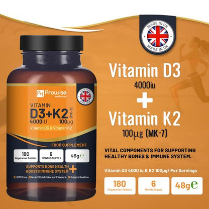 Vitamin D3 4000IU & K2 MK7 100μg Vegetarian 180 Tablets Supplement for Immune Support Calcium Boost, Bone & Muscle by Prowise